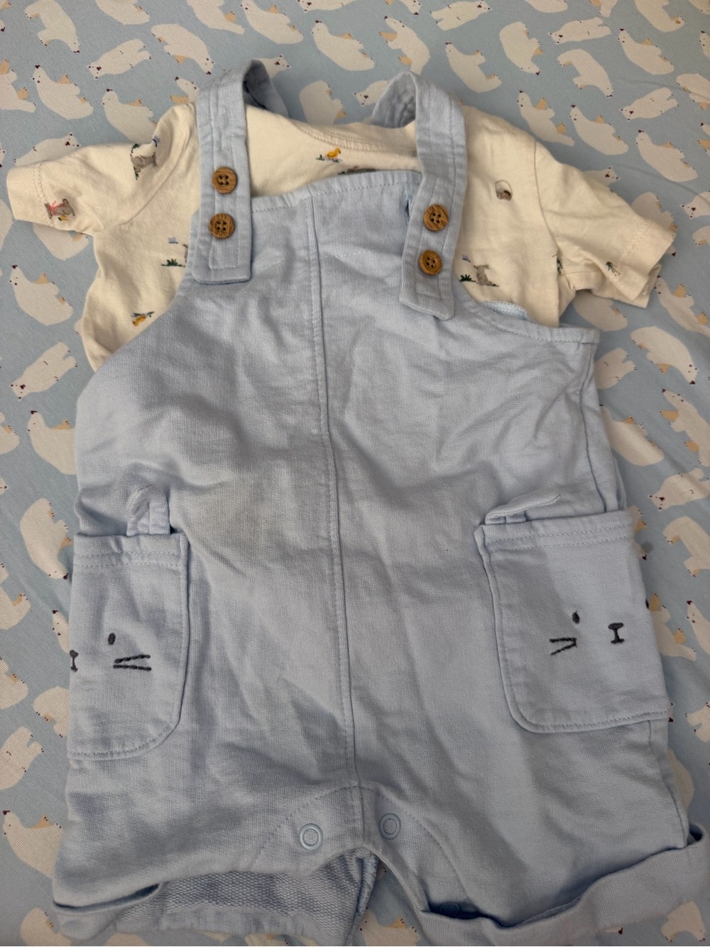 Carter's Light Blue Short Overalls with Wood-Style Buttons